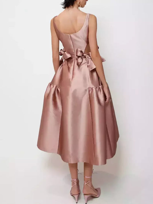 Cut-Out Flared Satin Dress with Bows - Dresses