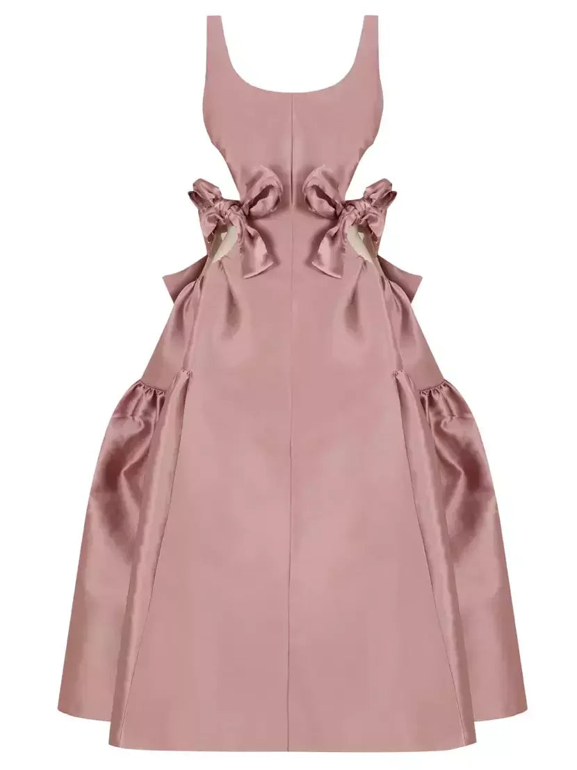 Cut-Out Flared Satin Dress with Bows - Dresses