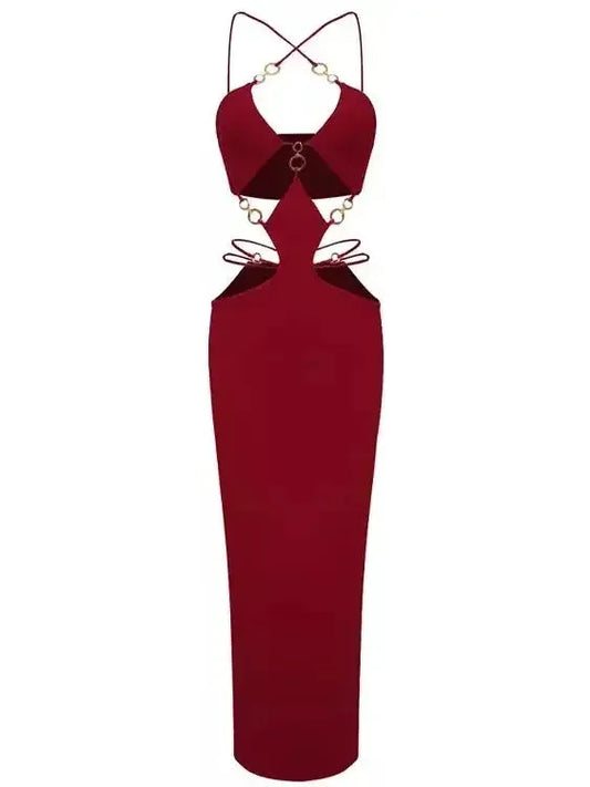 Cut-Out Gold Ring Detailed Dress Wine - Dresses