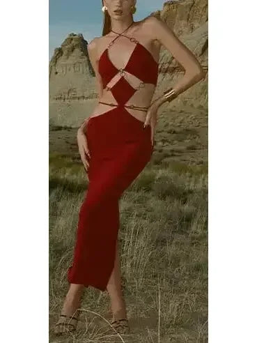 Cut-Out Gold Ring Detailed Dress Wine - Dresses