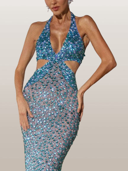 Cut-Out Halterneck Rhinestone Stretch Gown - Dresses