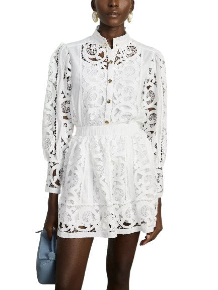 Cut-Out Lace-Embroidered Blouse and Skirt Set - Suits & Sets