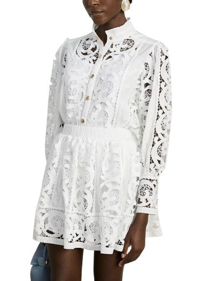 Cut-Out Lace-Embroidered Blouse and Skirt Set - Suits & Sets