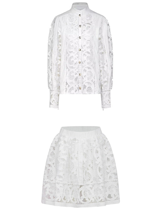 Cut-Out Lace-Embroidered Blouse and Skirt Set - Suits & Sets