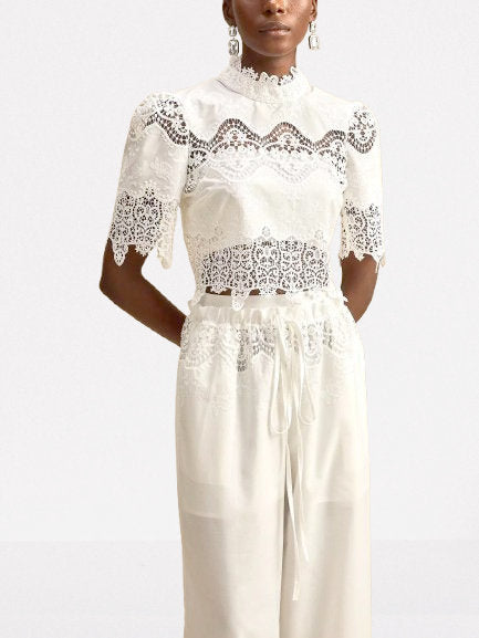Cut-Out Lace Trim Crop Top and Pant Set - Suits & Sets