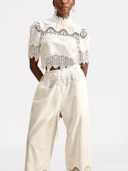 Cut-Out Lace Trim Crop Top and Pant Set - Suits & Sets