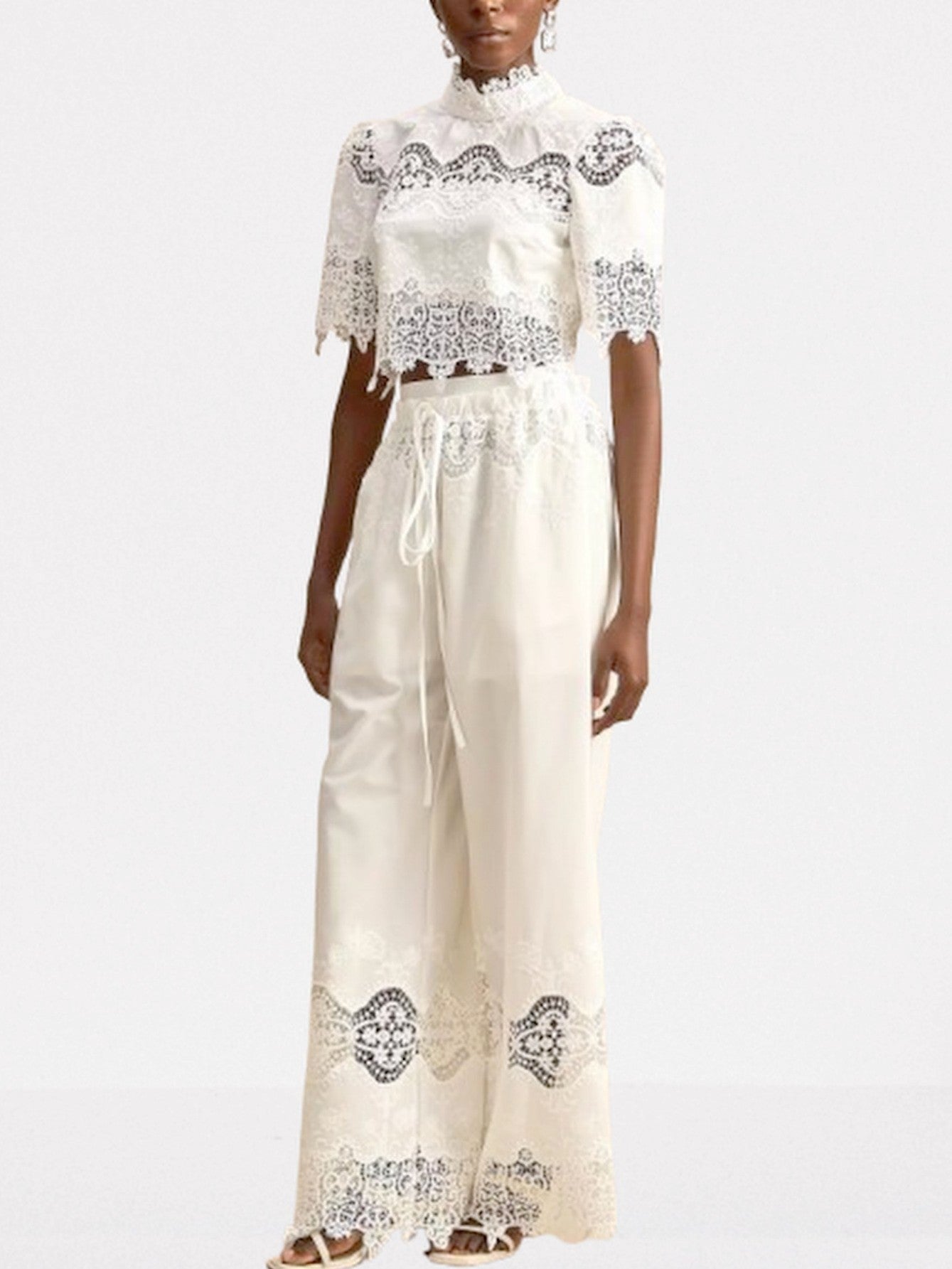 Cut-Out Lace Trim Crop Top and Pant Set - Suits & Sets
