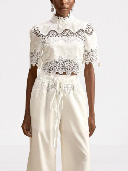 Cut-Out Lace Trim Crop Top and Pant Set - Suits & Sets