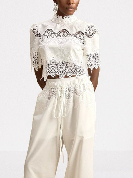 Cut-Out Lace Trim Crop Top and Pant Set - Suits & Sets