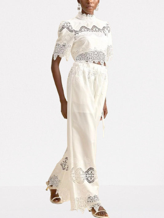 Cut-Out Lace Trim Crop Top and Pant Set - Suits & Sets