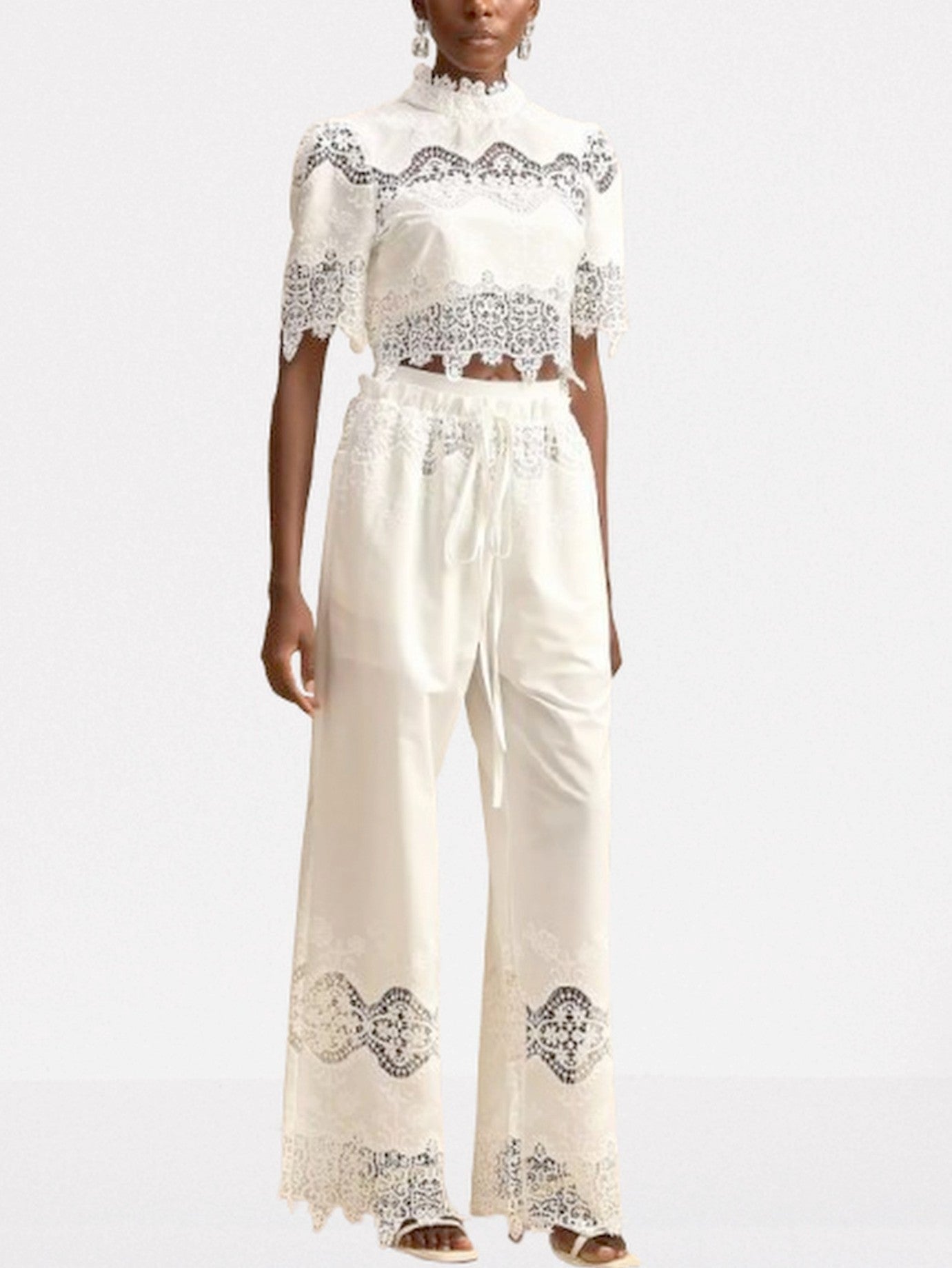 Cut-Out Lace Trim Crop Top and Pant Set - Suits & Sets