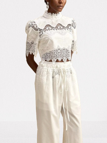 Cut-Out Lace Trim Crop Top and Pant Set - Suits & Sets