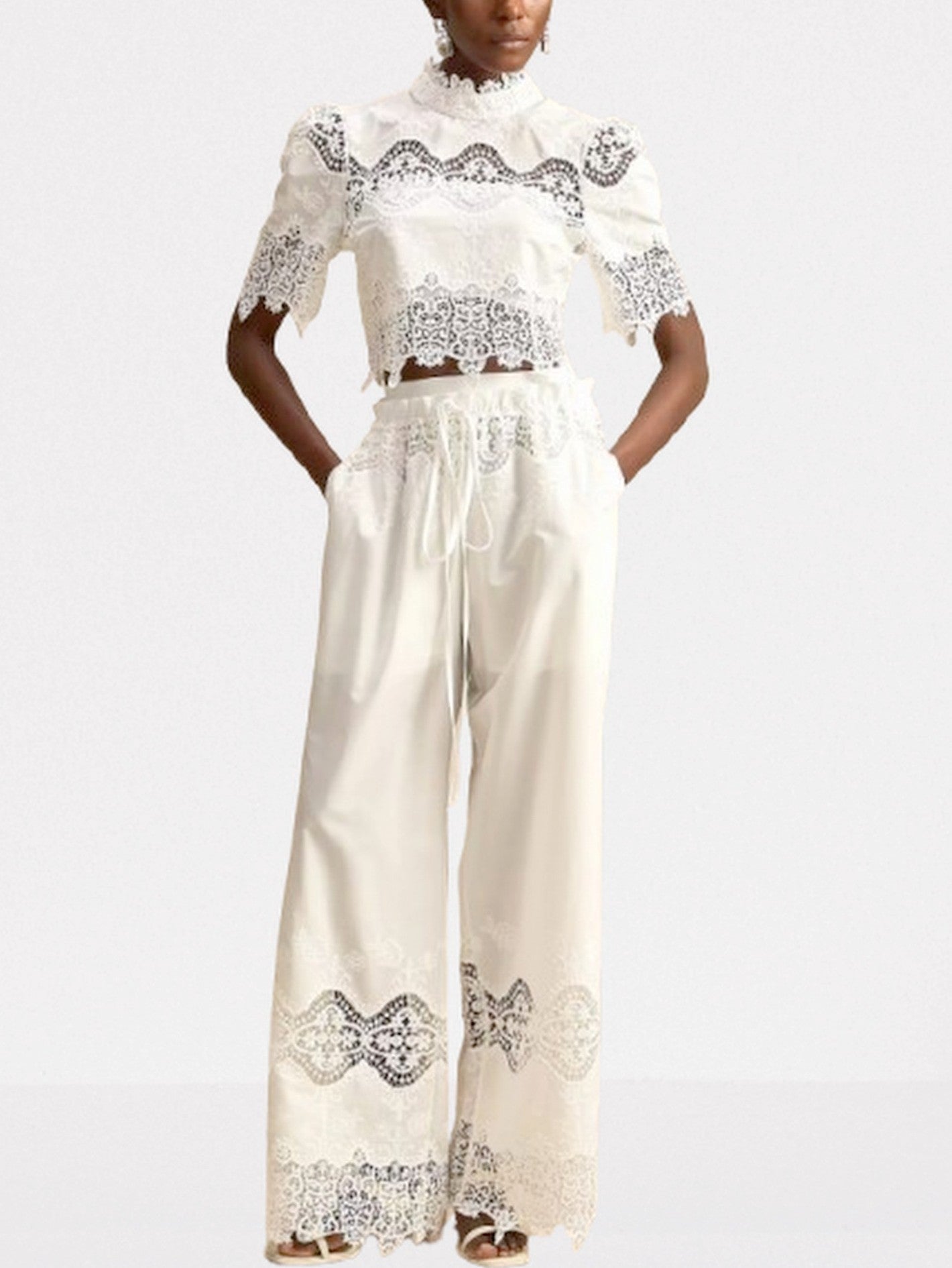 Cut-Out Lace Trim Crop Top and Pant Set - Suits & Sets