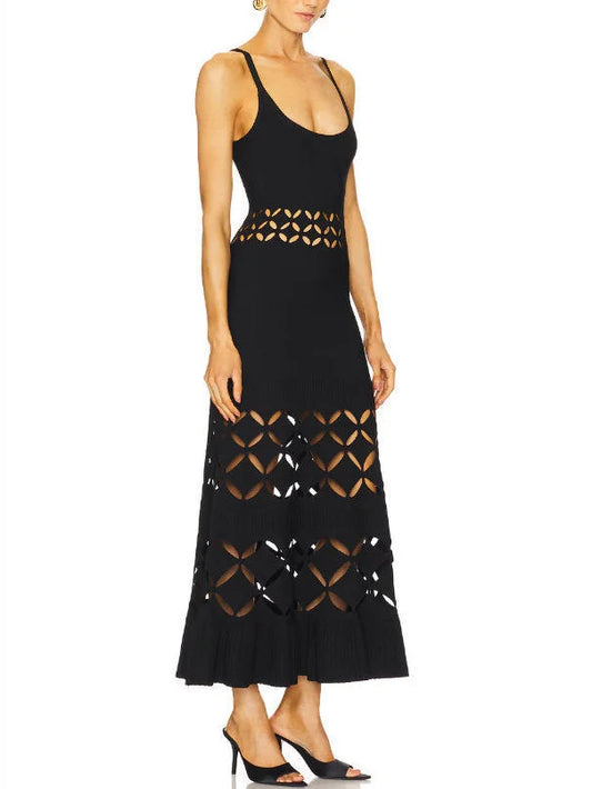 Cut-Out Long Knit Dress in Black - Dresses