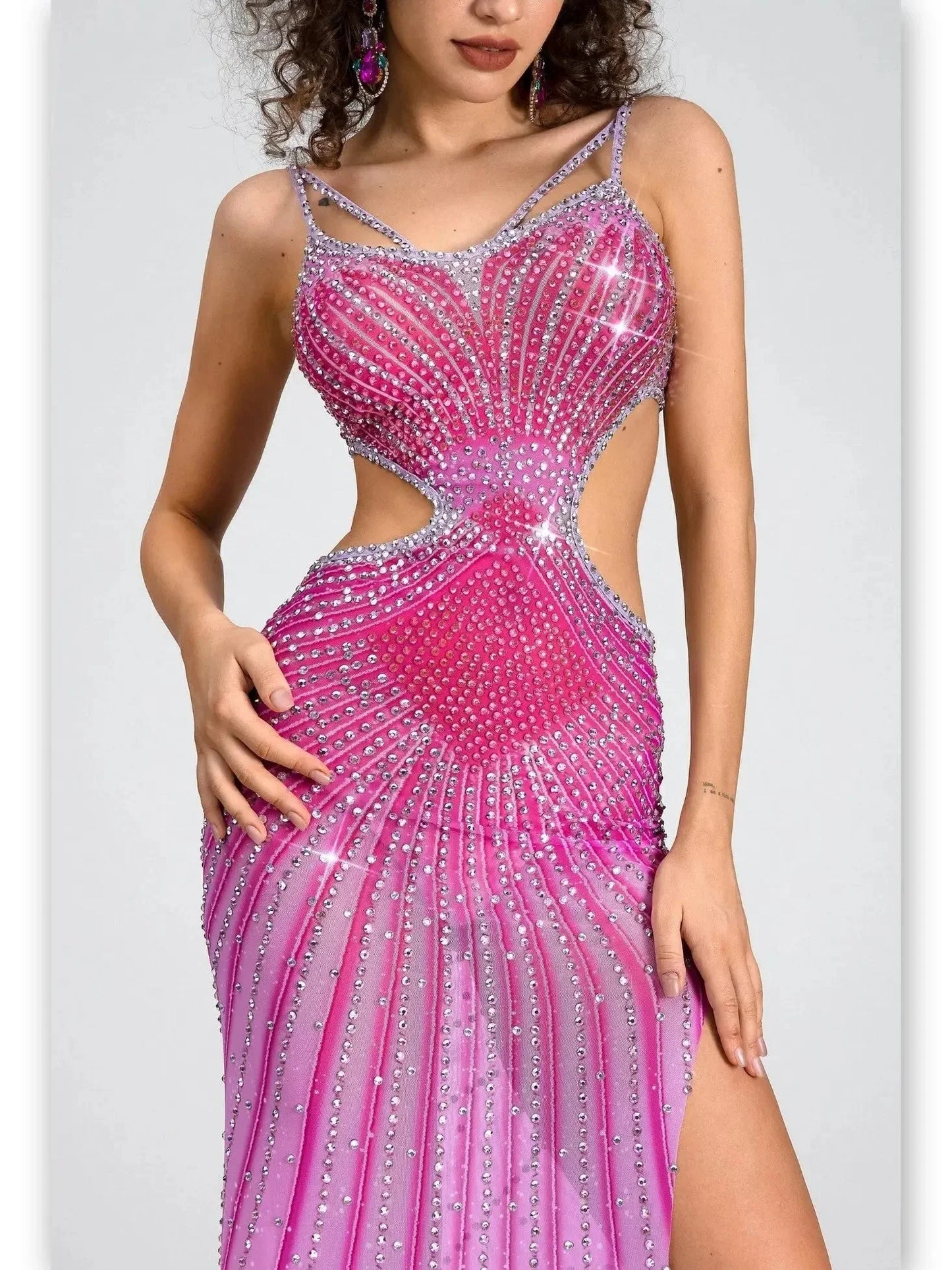 Cut-Out Rhinestone-Embellished Sleeveless Long Gown - Dresses