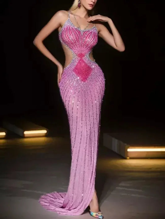 Cut-Out Rhinestone-Embellished Sleeveless Long Gown - Dresses