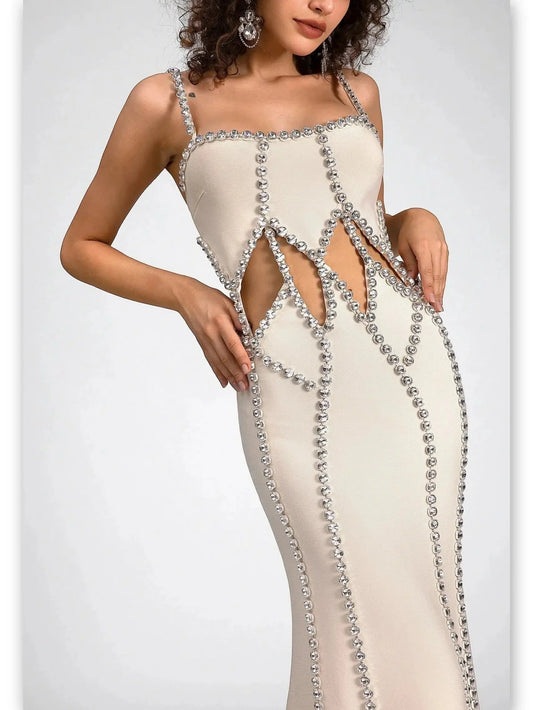 Cut-Out Rhinestone Embellished Sleeveless Maxi Dress in Cream - Dresses