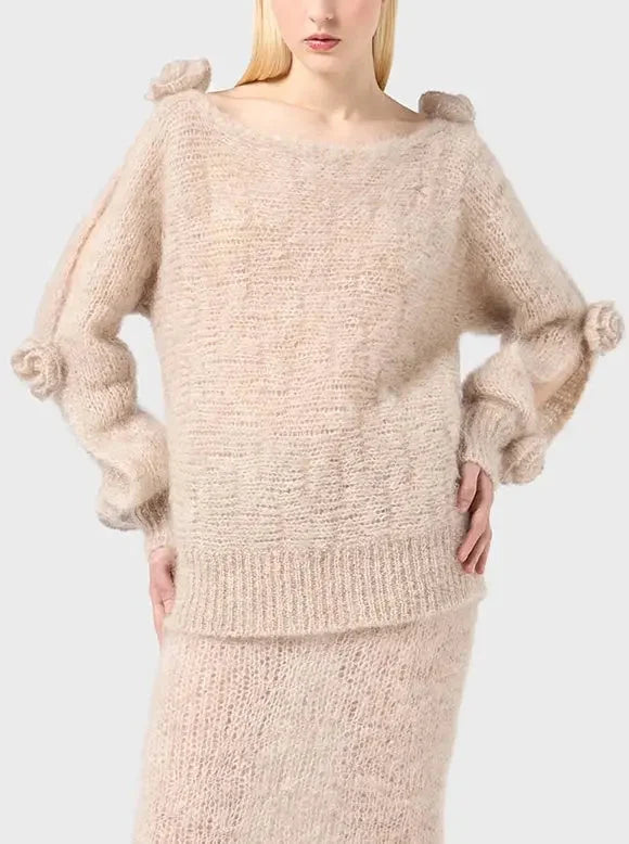 Cut-Out Rose-Applique Mohair-Blend Sweater in Beige - Sweaters & Knitwear