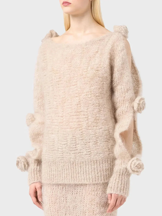 Cut-Out Rose-Applique Mohair-Blend Sweater in Beige - Sweaters & Knitwear