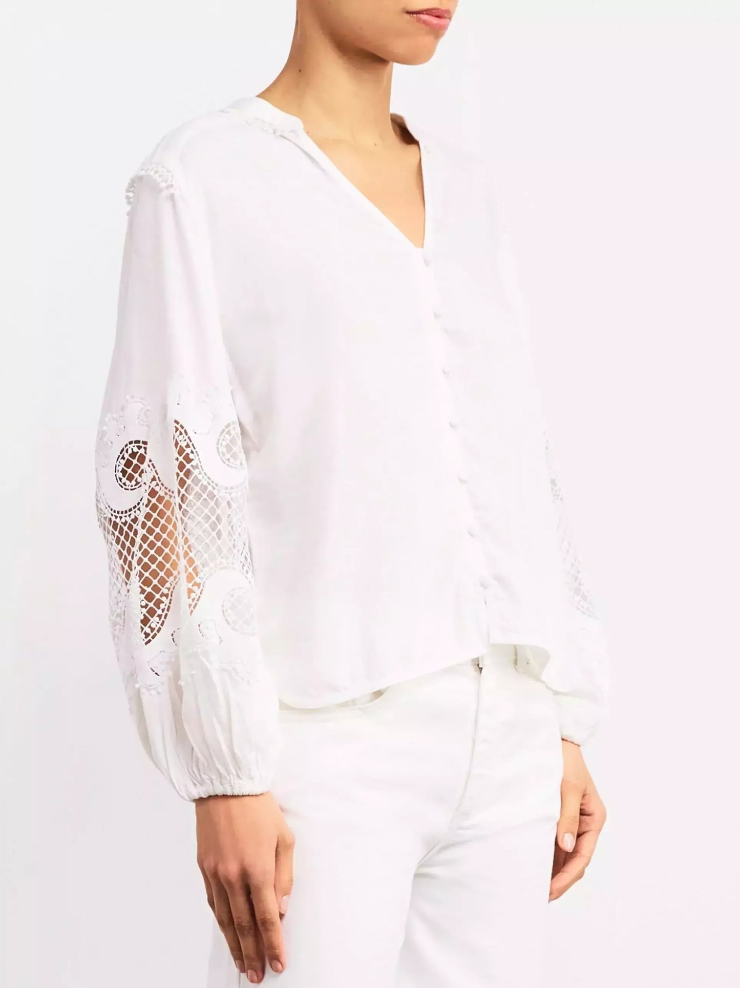 Cut-Out V-Neck White Blouse - Tops