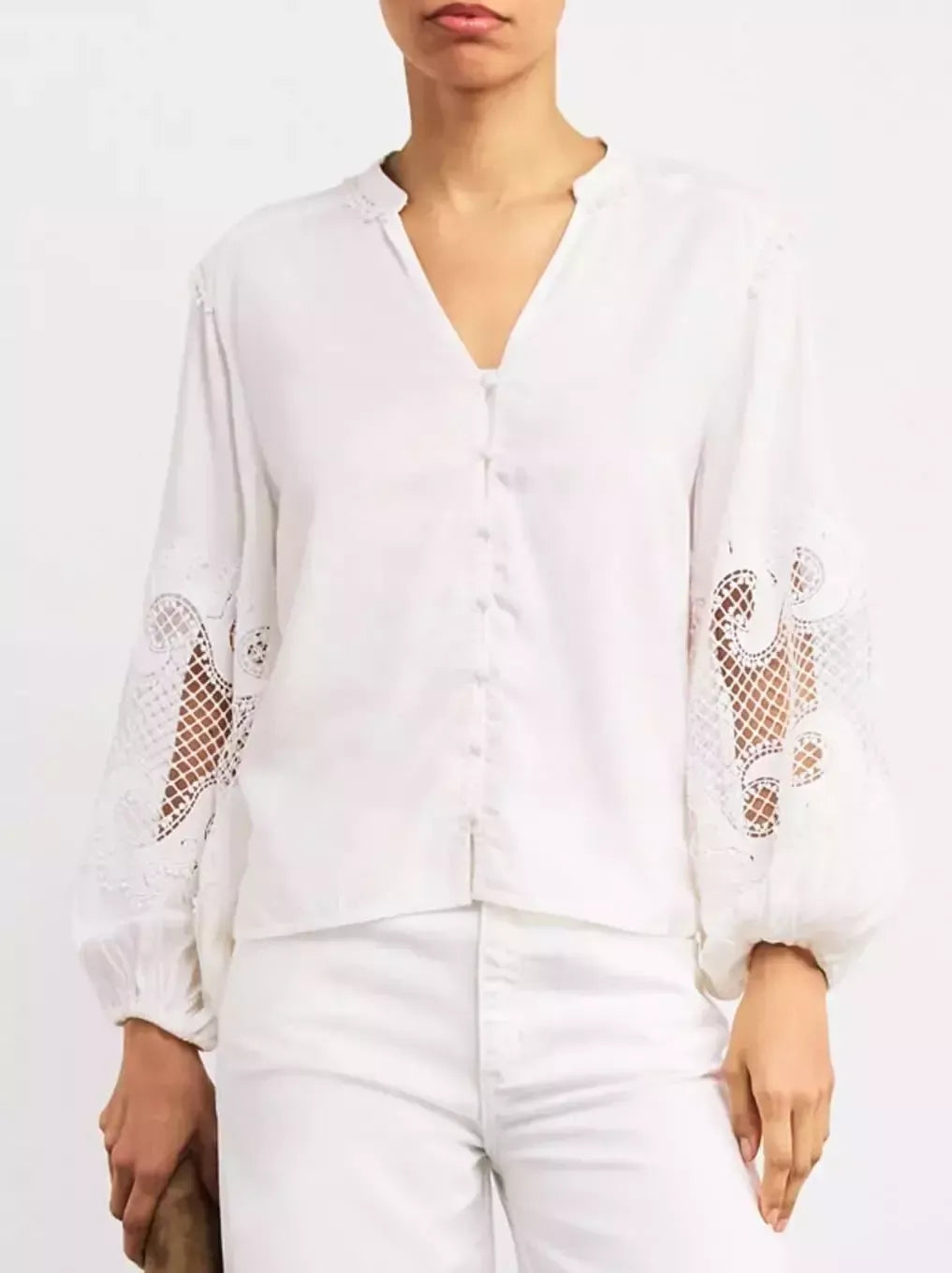 Cut-Out V-Neck White Blouse - Small - Tops