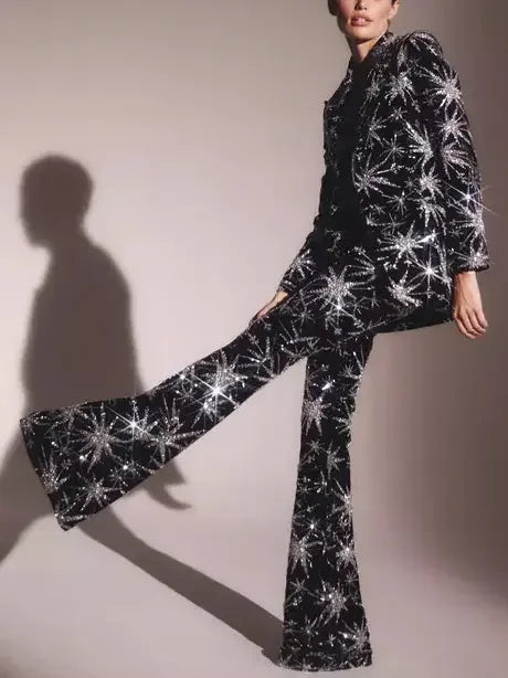 Dazzling Sequin Star-Embellished Black Blazer and Pant Suit - Suits & Sets