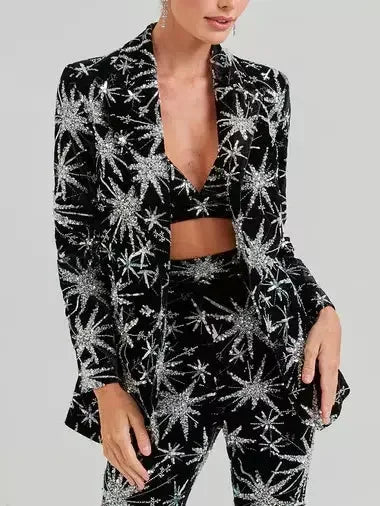 Dazzling Sequin Star-Embellished Black Blazer and Pant Suit - Suits & Sets