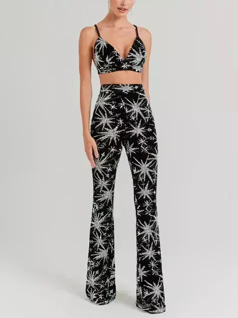 Dazzling Sequin Star-Embellished Black Blazer and Pant Suit - Suits & Sets