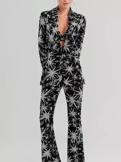 Dazzling Sequin Star-Embellished Black Blazer and Pant Suit - Suits & Sets