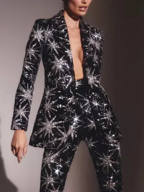 Dazzling Sequin Star-Embellished Black Blazer and Pant Suit - Suits & Sets