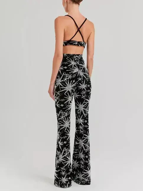 Dazzling Sequin Star-Embellished Black Blazer and Pant Suit - Suits & Sets