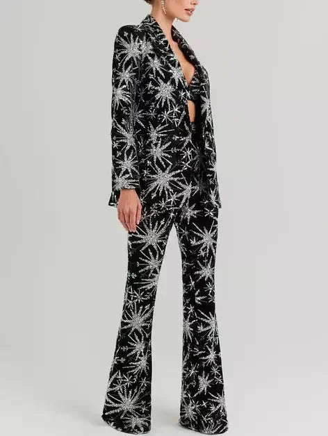 Dazzling Sequin Star-Embellished Black Blazer and Pant Suit - Suits & Sets