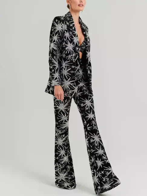 Dazzling Sequin Star-Embellished Black Blazer and Pant Suit - Suits & Sets