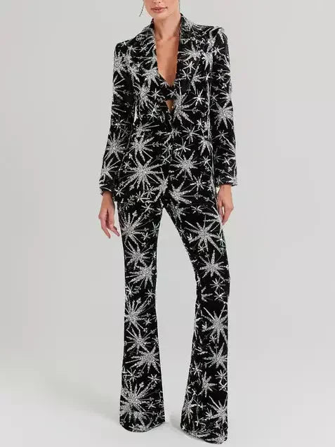 Dazzling Sequin Star-Embellished Black Blazer and Pant Suit - Suits & Sets