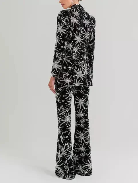 Dazzling Sequin Star-Embellished Black Blazer and Pant Suit - Suits & Sets