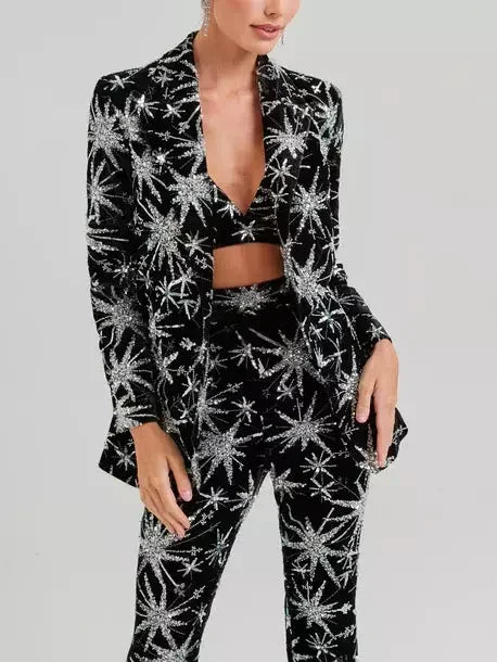 Dazzling Sequin Star-Embellished Black Blazer and Pant Suit - Suits & Sets
