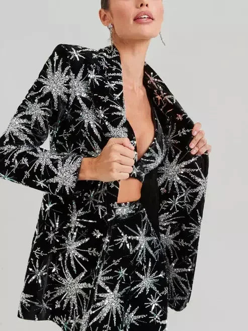 Dazzling Sequin Star-Embellished Black Blazer and Pant Suit - Suits & Sets