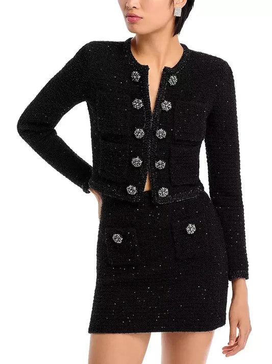 Decorative-Button-Embellished Black Tweed Jacket and Mini Skirt Set - Suits & Sets