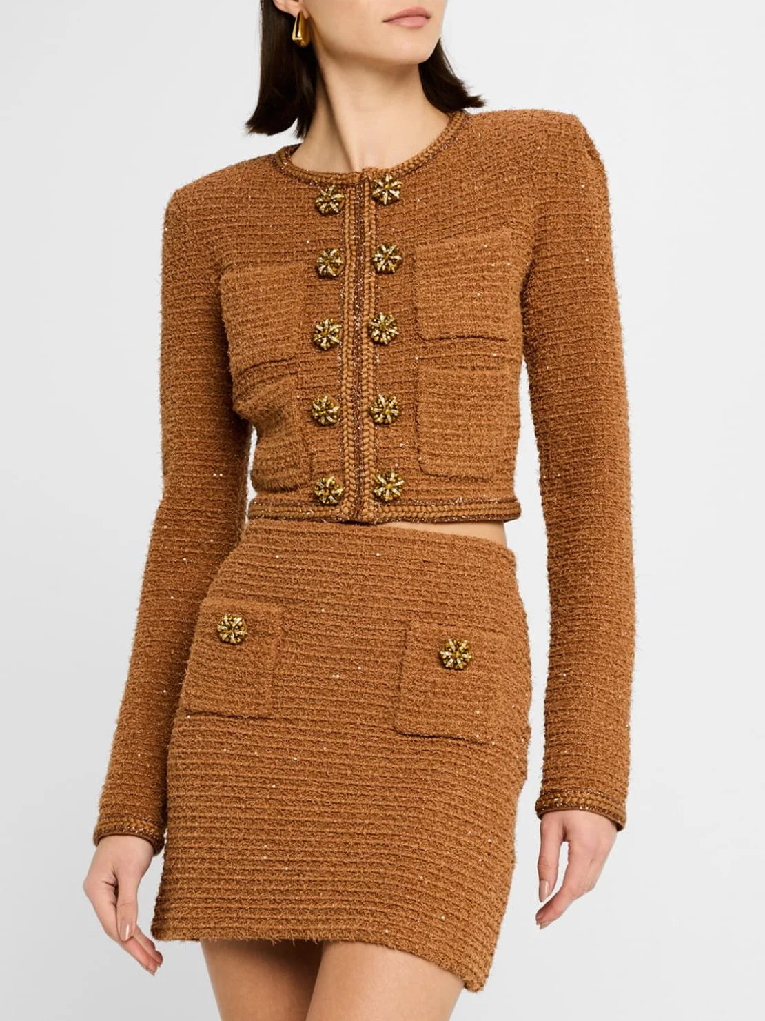 Decorative-Button-Embellished Brown Tweed Jacket and Mini Skirt Set - Suits & Sets