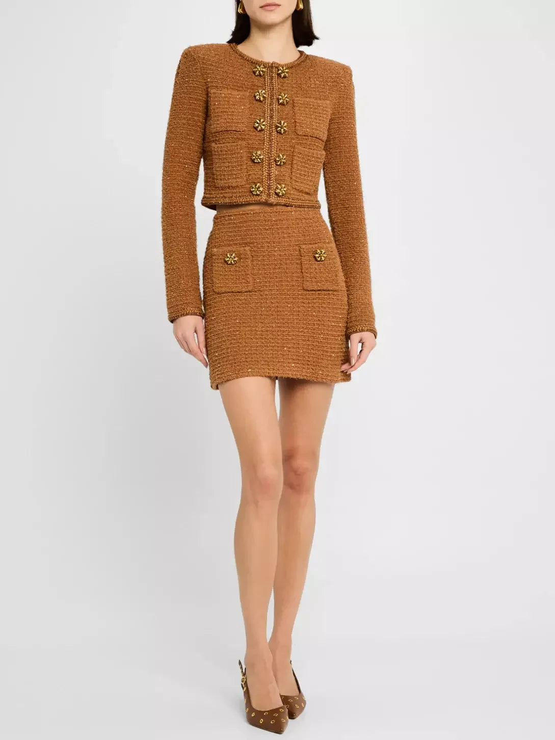 Decorative-Button-Embellished Brown Tweed Jacket and Mini Skirt Set - Suits & Sets