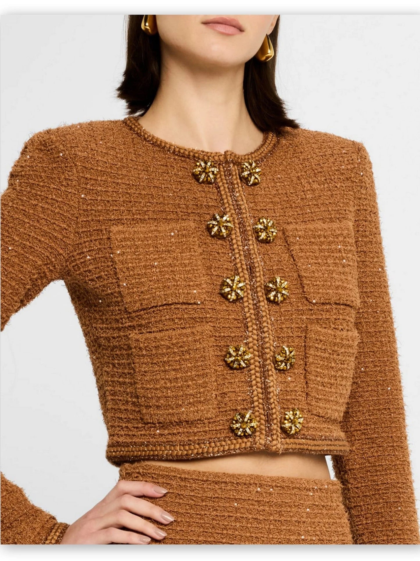 Decorative-Button-Embellished Brown Tweed Jacket and Mini Skirt Set - Suits & Sets