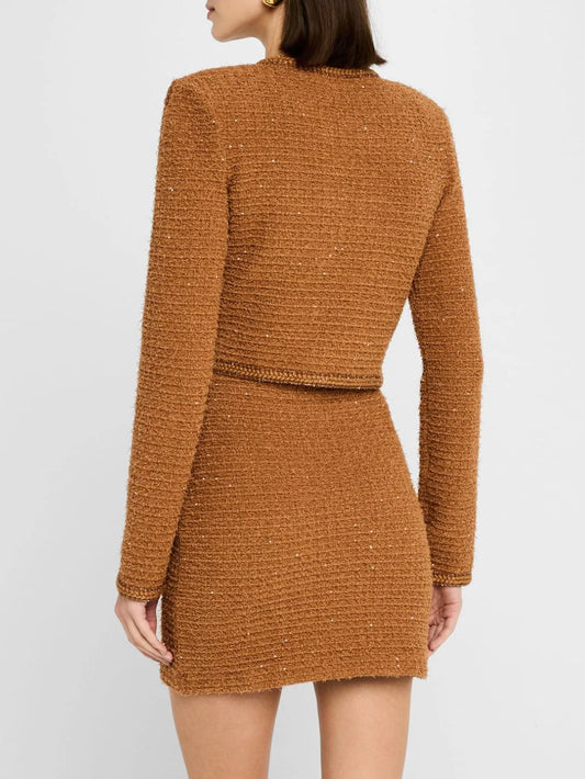 Decorative-Button-Embellished Brown Tweed Jacket and Mini Skirt Set - Suits & Sets
