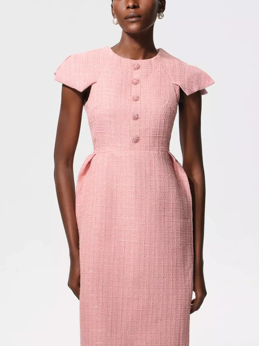Decorative Button Pink Tweed Midi Dress - Dresses