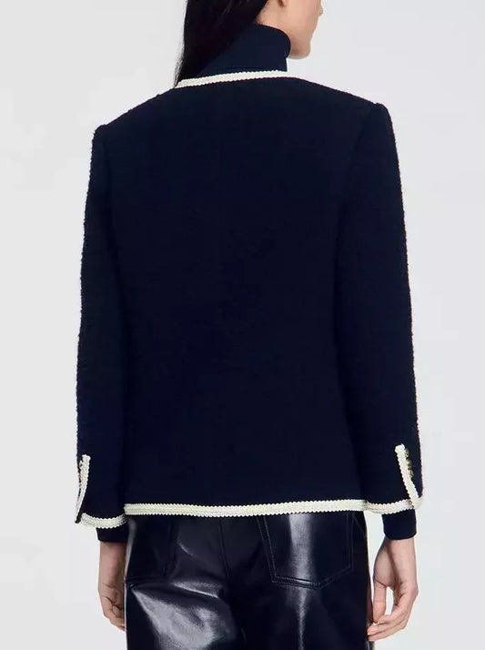 Decorative Flap-Pocket Tweed Jacket in Navy and White - Jackets