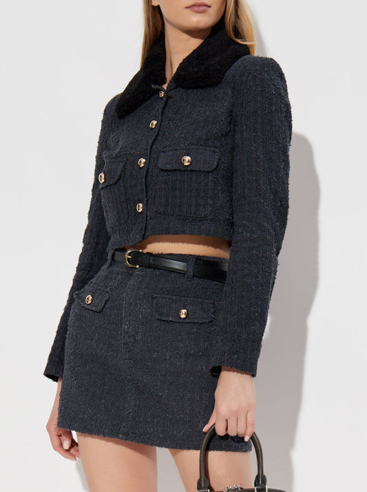 Stylish Denim Boucle-Style Jacket and Skirt Set with elegant fur collar detail