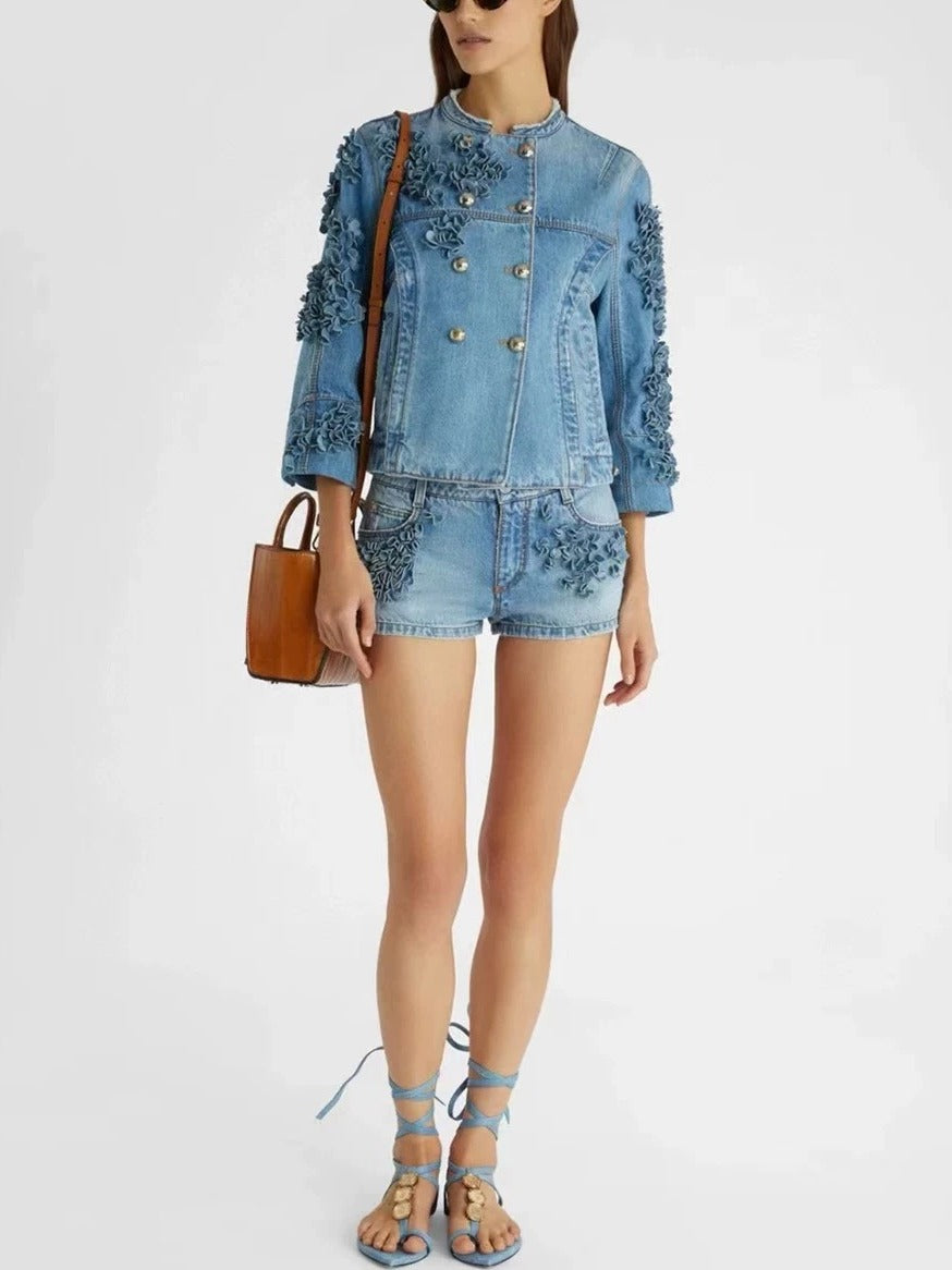 Denim jacket and short set with floral appliques by Branna Couture for trendy summer style