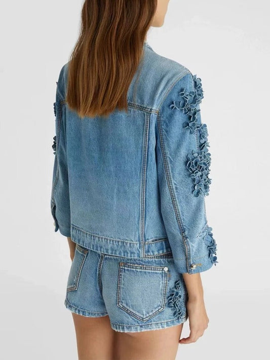 Denim jacket and shorts with floral appliques from Branna Couture short set