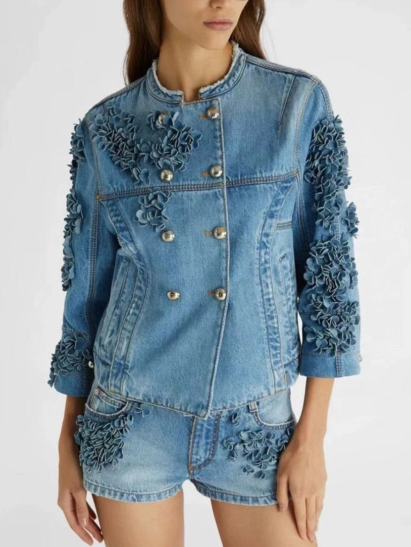 Denim jacket and shorts with floral appliques from Branna Couture short set