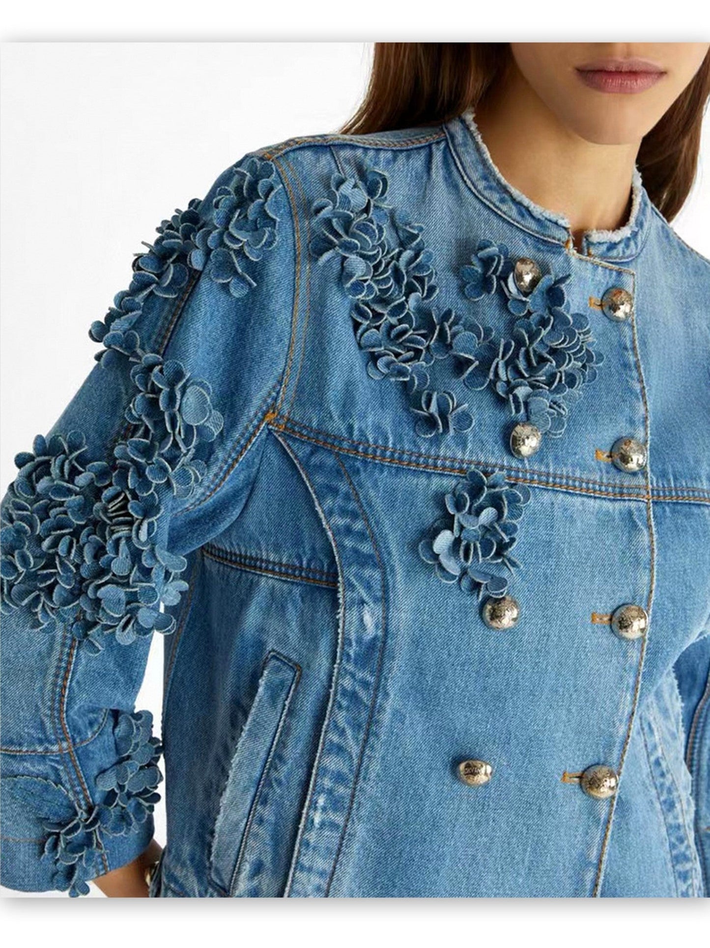Denim jacket and short set with floral appliques by Branna Couture