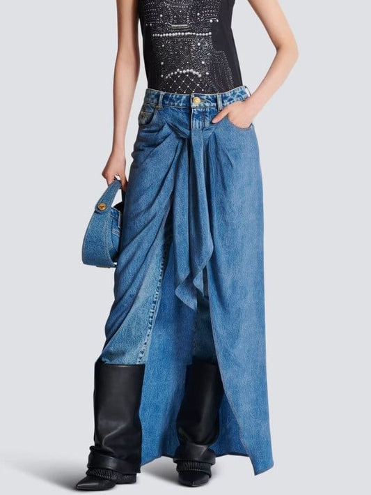 Denim maxi skirt featuring a stylish draped wrap design for a chic look